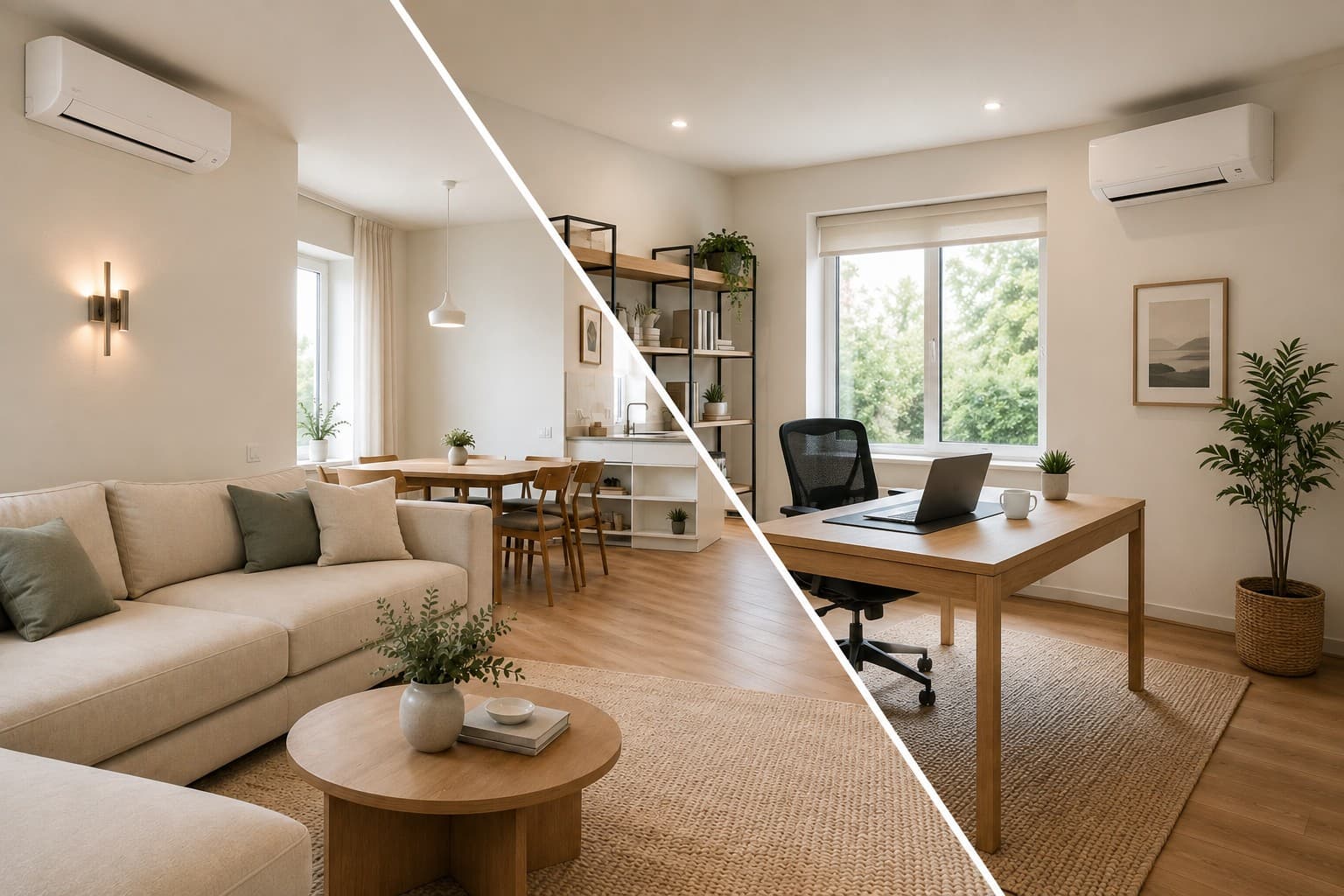 Multi-room air conditioning in a living space and home office.